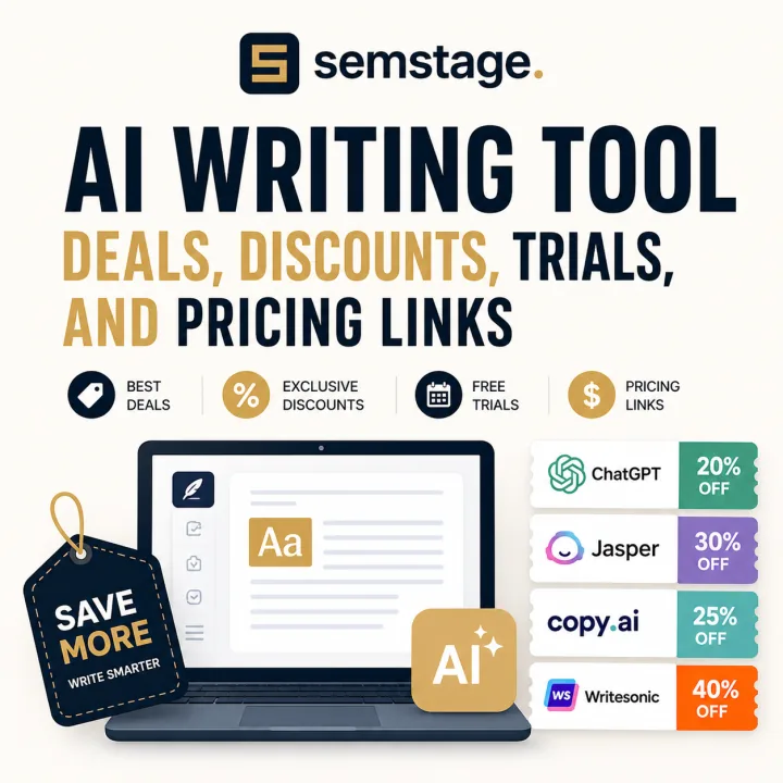 AI writing tool deals, discounts, trials, and pricing links guide by Semstage.