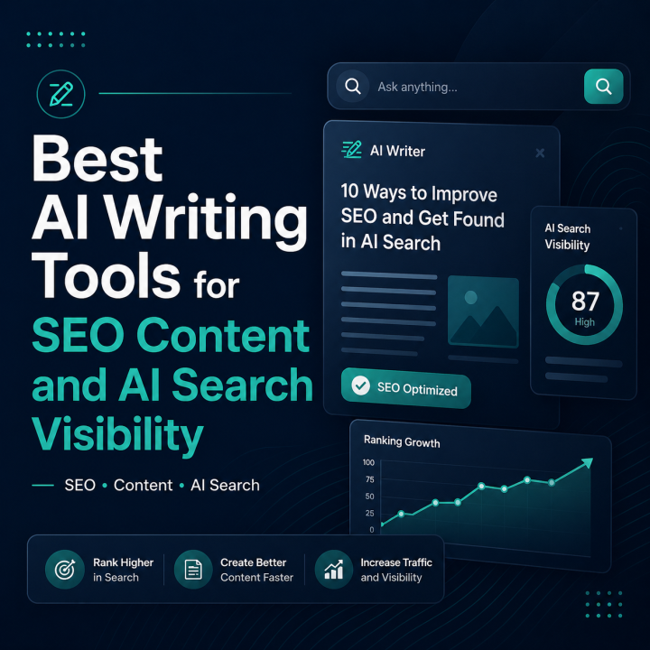 Best AI writing tools for SEO content and AI search visibility, shown with search, writing, optimization, and ranking growth interface elements.
