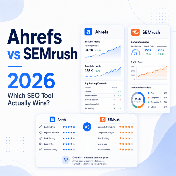 Ahrefs vs SEMrush 2026 comparison with SEO tool dashboards, feature ratings, and performance metrics