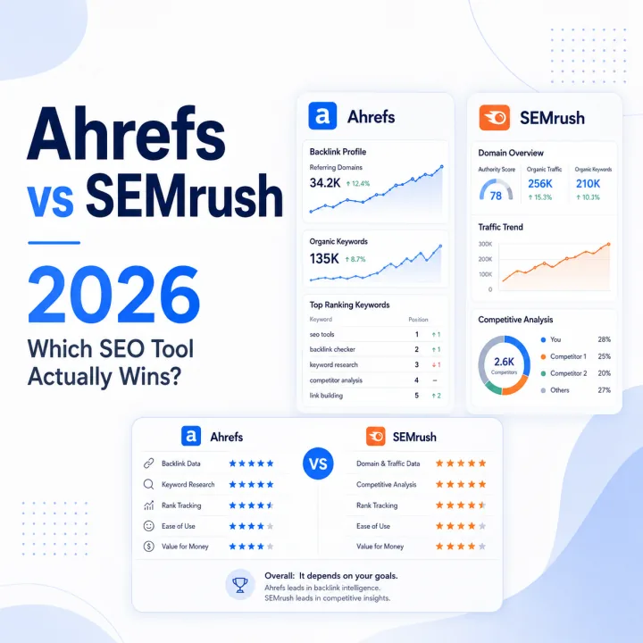 Ahrefs vs SEMrush 2026 comparison with SEO tool dashboards, feature ratings, and performance metrics
