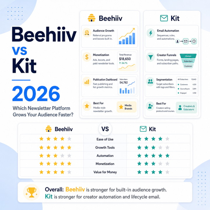 Beehiiv vs Kit 2026 comparison with newsletter platform features, growth tools, automation, and audience-building metrics