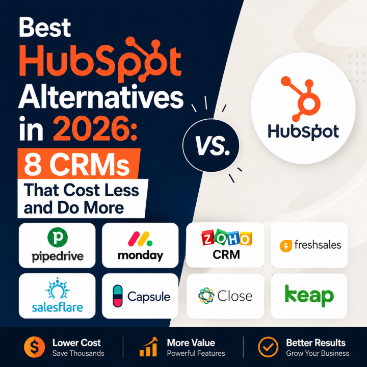 Best HubSpot alternatives in 2026 featuring affordable CRM options like Pipedrive, monday CRM, Zoho CRM, Freshsales, Salesflare, Capsule, Close, and Keap.