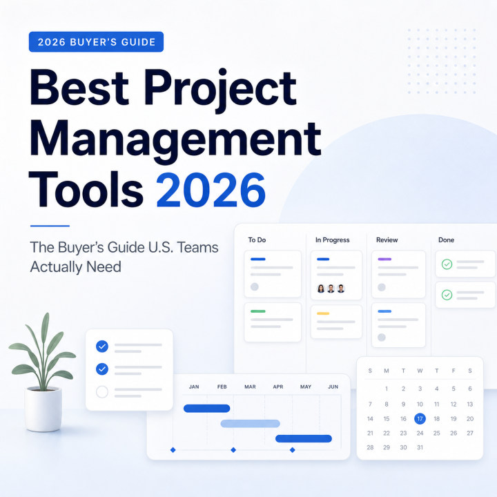Best Project Management Tools 2026 buyer’s guide for U.S. teams with project boards, timeline, checklist, and calendar visuals.