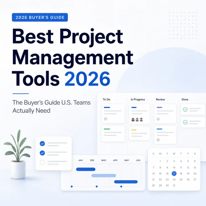 Best Project Management Tools 2026 buyer’s guide for U.S. teams with project boards, timeline, checklist, and calendar visuals.