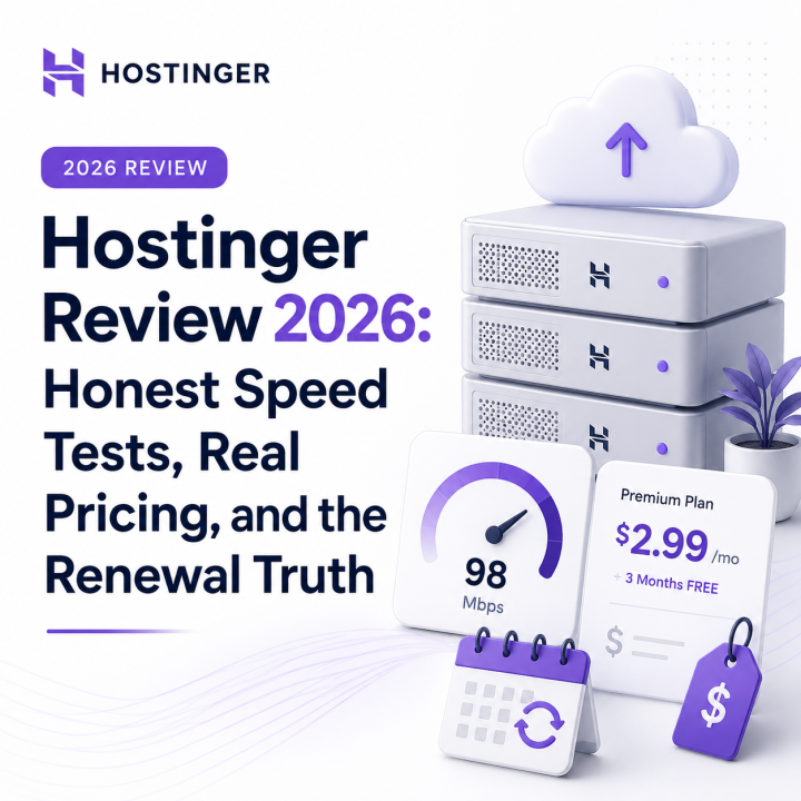 Hostinger Review 2026 with speed test, pricing, renewal cost and hosting performance illustration