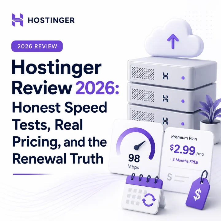 Hostinger Review 2026 with speed test, pricing, renewal cost and hosting performance illustration