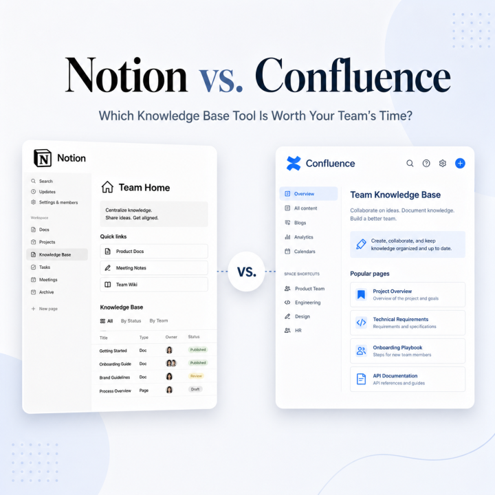 Notion vs. Confluence comparison graphic showing two knowledge base tools for teams