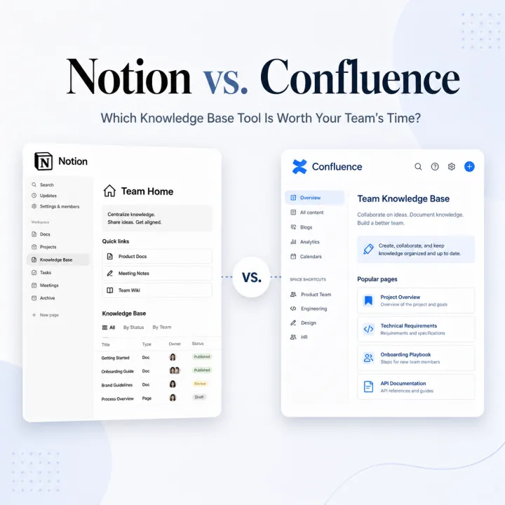 Notion vs. Confluence comparison graphic showing two knowledge base tools for teams