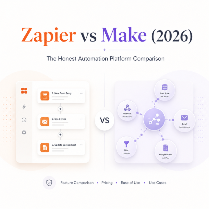 Zapier vs Make 2026 automation platform comparison with workflow interface and connected scenario diagram.
