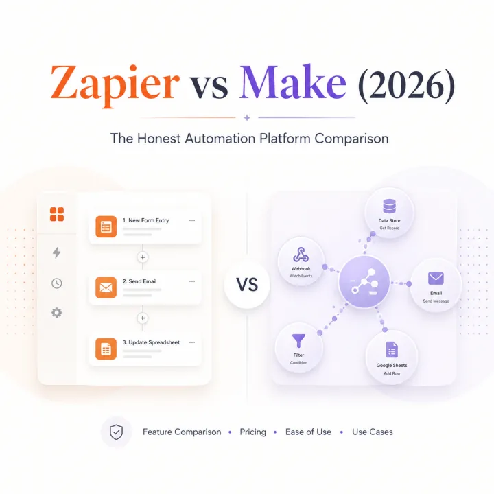 Zapier vs Make 2026 automation platform comparison with workflow interface and connected scenario diagram.