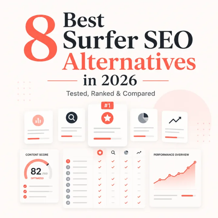 8 Best Surfer SEO Alternatives in 2026 with comparison cards, content score, ranking table, and performance overview for SEO tool evaluation.