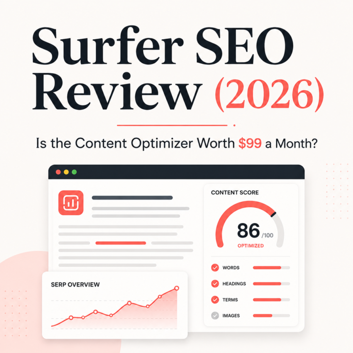 Surfer SEO Review 2026 showing a content optimization dashboard, content score, and SERP overview for evaluating whether Surfer is worth $99 a month.