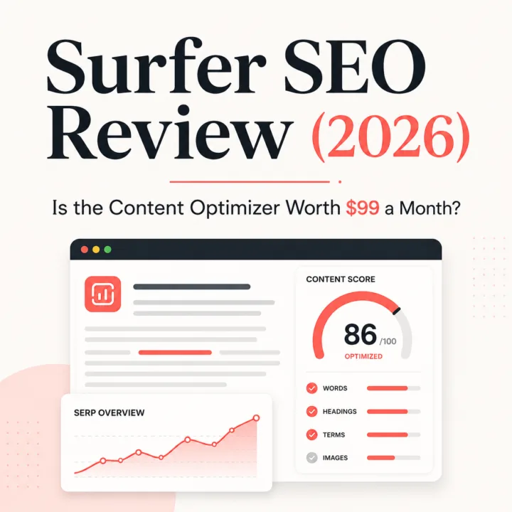 Surfer SEO Review 2026 showing a content optimization dashboard, content score, and SERP overview for evaluating whether Surfer is worth $99 a month.